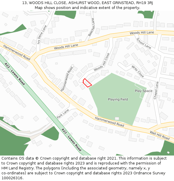 13, WOODS HILL CLOSE, ASHURST WOOD, EAST GRINSTEAD, RH19 3RJ: Location map and indicative extent of plot