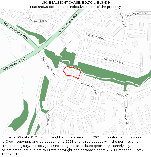 130, BEAUMONT CHASE, BOLTON, BL3 4XH: Location map and indicative extent of plot
