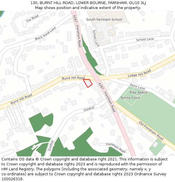 130, BURNT HILL ROAD, LOWER BOURNE, FARNHAM, GU10 3LJ: Location map and indicative extent of plot