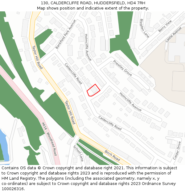 130, CALDERCLIFFE ROAD, HUDDERSFIELD, HD4 7RH: Location map and indicative extent of plot