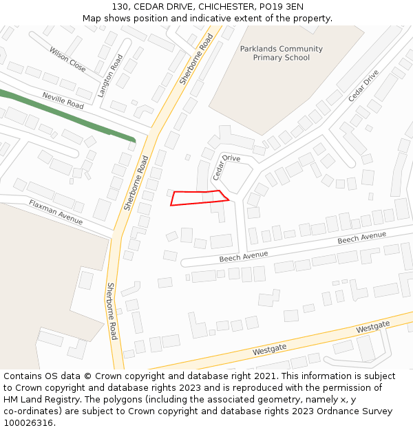 130, CEDAR DRIVE, CHICHESTER, PO19 3EN: Location map and indicative extent of plot