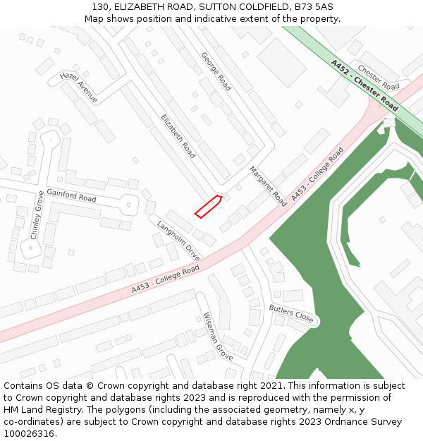 130, ELIZABETH ROAD, SUTTON COLDFIELD, B73 5AS: Location map and indicative extent of plot