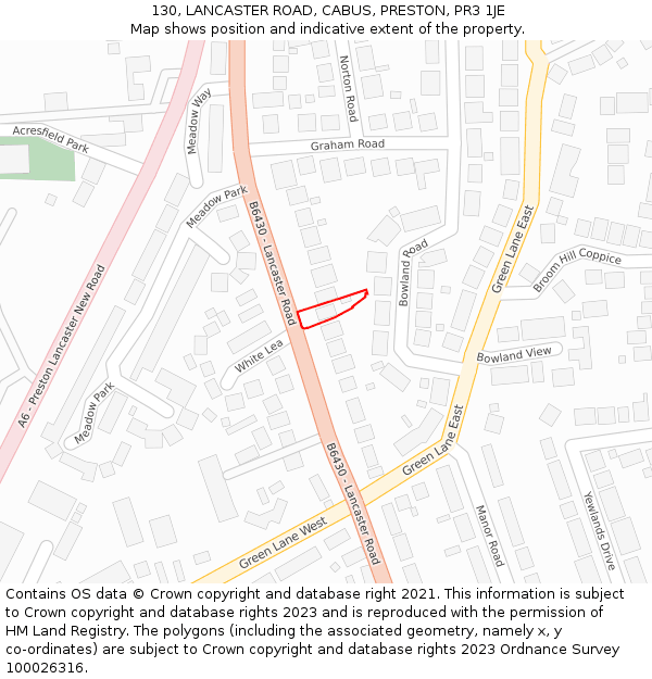 130, LANCASTER ROAD, CABUS, PRESTON, PR3 1JE: Location map and indicative extent of plot