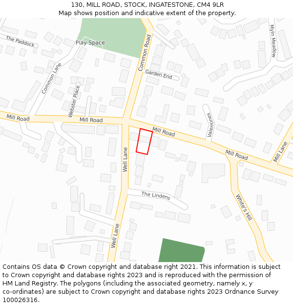 130, MILL ROAD, STOCK, INGATESTONE, CM4 9LR: Location map and indicative extent of plot