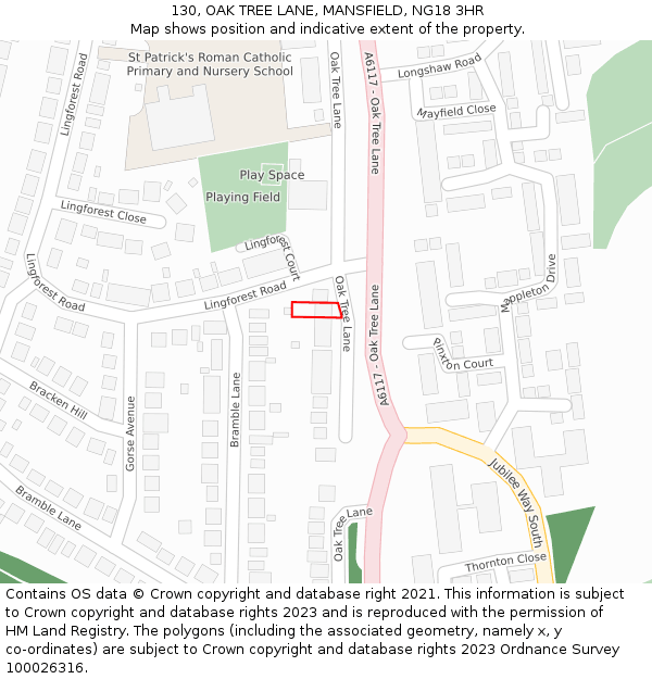 130, OAK TREE LANE, MANSFIELD, NG18 3HR: Location map and indicative extent of plot