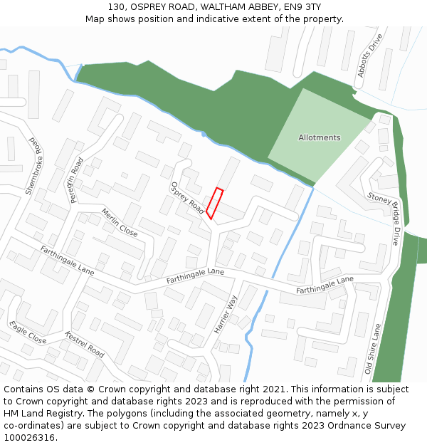 130, OSPREY ROAD, WALTHAM ABBEY, EN9 3TY: Location map and indicative extent of plot