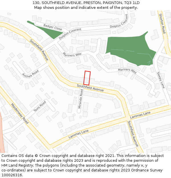 130, SOUTHFIELD AVENUE, PRESTON, PAIGNTON, TQ3 1LD: Location map and indicative extent of plot