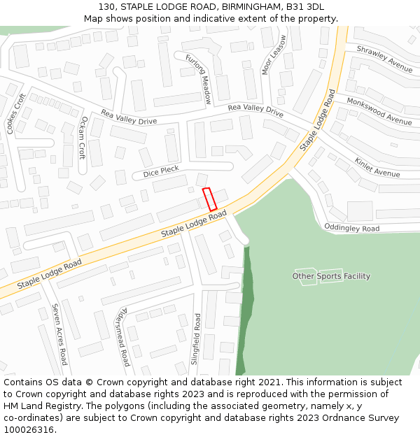 130, STAPLE LODGE ROAD, BIRMINGHAM, B31 3DL: Location map and indicative extent of plot