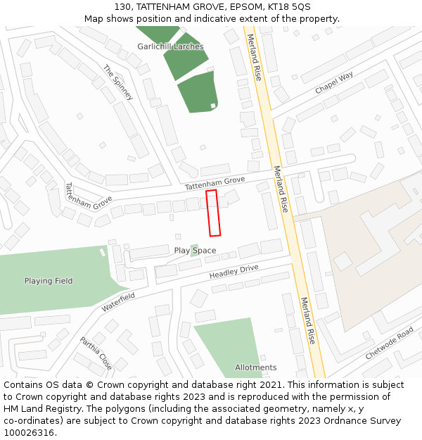 130, TATTENHAM GROVE, EPSOM, KT18 5QS: Location map and indicative extent of plot