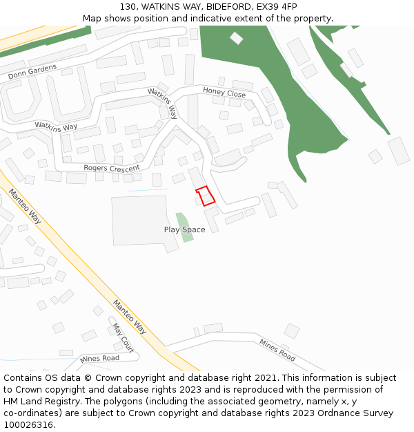 130, WATKINS WAY, BIDEFORD, EX39 4FP: Location map and indicative extent of plot