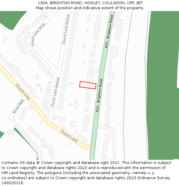 130A, BRIGHTON ROAD, HOOLEY, COULSDON, CR5 3EF: Location map and indicative extent of plot