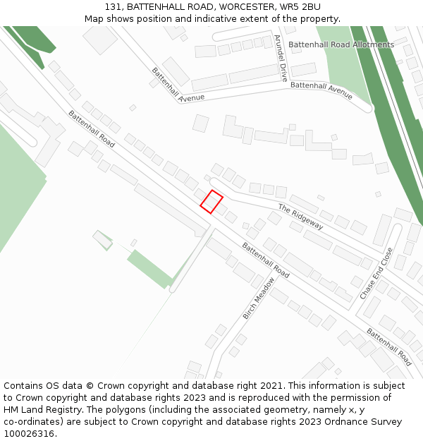 131, BATTENHALL ROAD, WORCESTER, WR5 2BU: Location map and indicative extent of plot