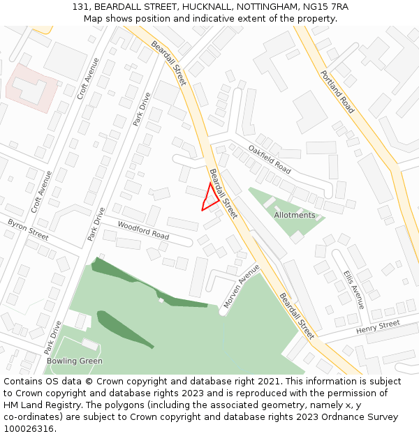 131, BEARDALL STREET, HUCKNALL, NOTTINGHAM, NG15 7RA: Location map and indicative extent of plot