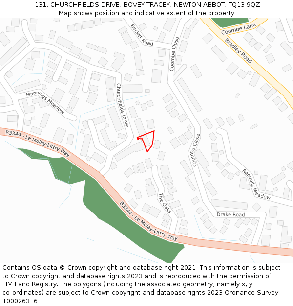 131, CHURCHFIELDS DRIVE, BOVEY TRACEY, NEWTON ABBOT, TQ13 9QZ: Location map and indicative extent of plot