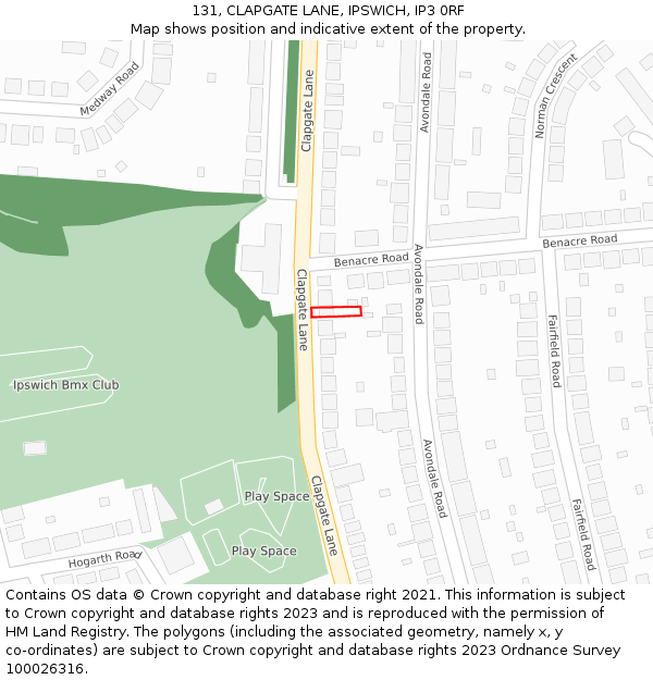 131, CLAPGATE LANE, IPSWICH, IP3 0RF: Location map and indicative extent of plot