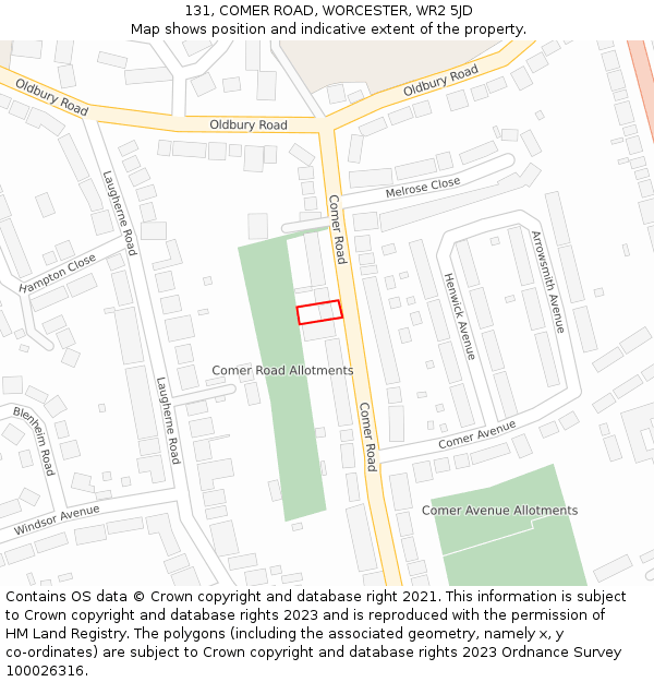 131, COMER ROAD, WORCESTER, WR2 5JD: Location map and indicative extent of plot
