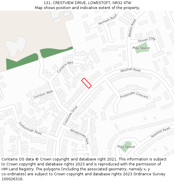 131, CRESTVIEW DRIVE, LOWESTOFT, NR32 4TW: Location map and indicative extent of plot