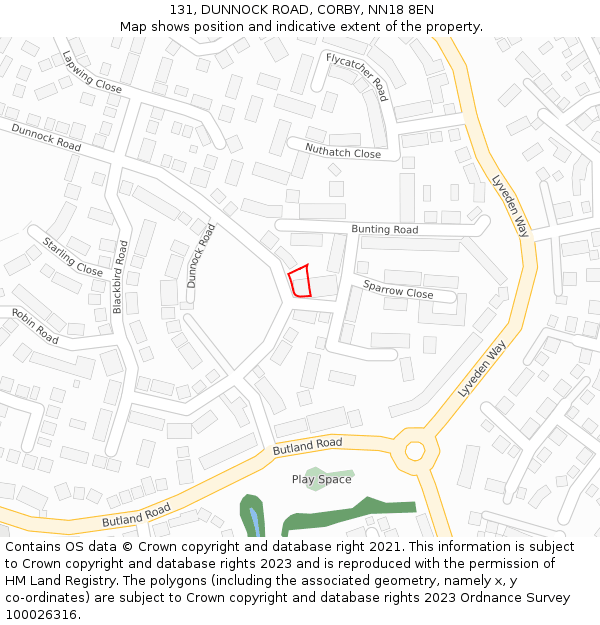 131, DUNNOCK ROAD, CORBY, NN18 8EN: Location map and indicative extent of plot