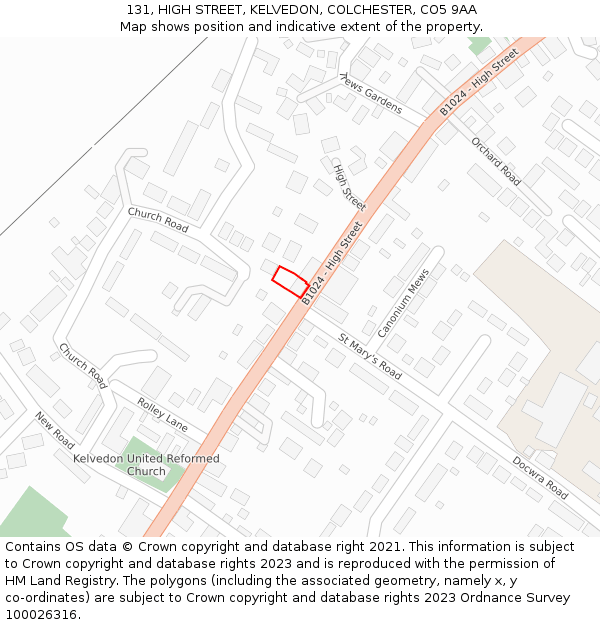 131, HIGH STREET, KELVEDON, COLCHESTER, CO5 9AA: Location map and indicative extent of plot
