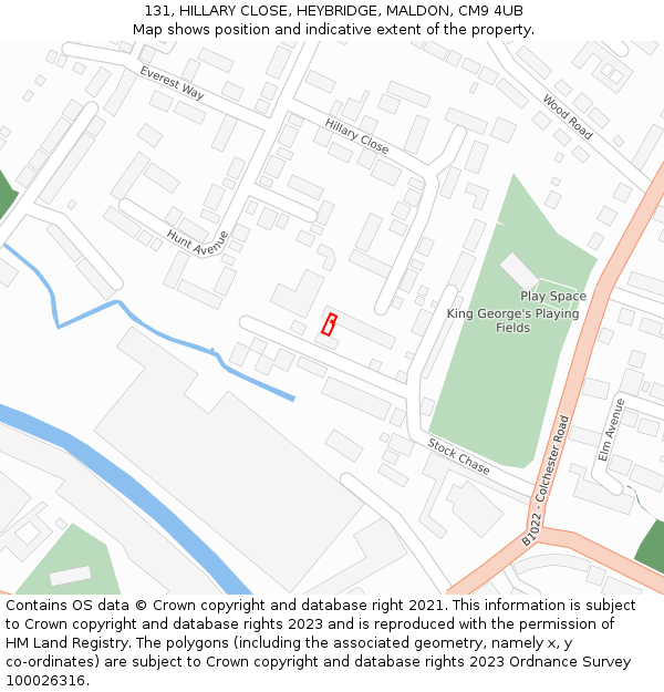131, HILLARY CLOSE, HEYBRIDGE, MALDON, CM9 4UB: Location map and indicative extent of plot