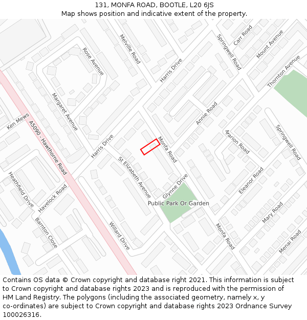 131, MONFA ROAD, BOOTLE, L20 6JS: Location map and indicative extent of plot