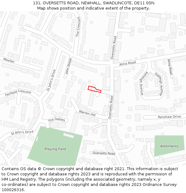 131, OVERSETTS ROAD, NEWHALL, SWADLINCOTE, DE11 0SN: Location map and indicative extent of plot