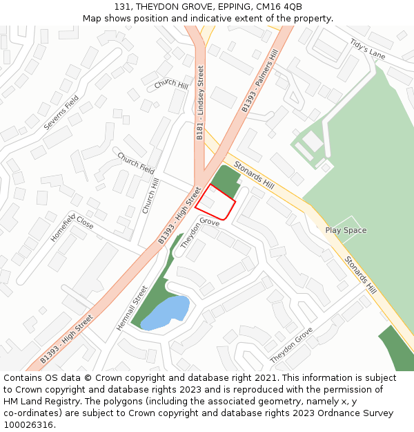 131, THEYDON GROVE, EPPING, CM16 4QB: Location map and indicative extent of plot
