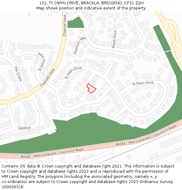 131, TY GWYN DRIVE, BRACKLA, BRIDGEND, CF31 2QH: Location map and indicative extent of plot