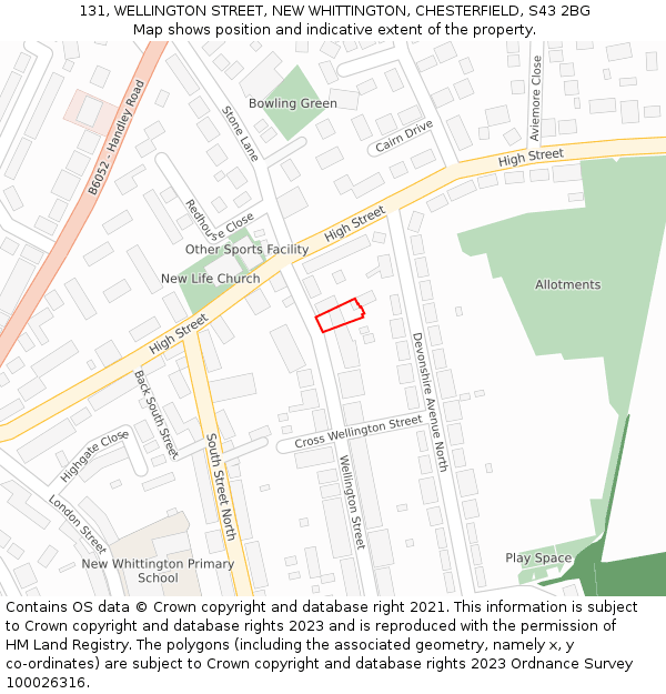131, WELLINGTON STREET, NEW WHITTINGTON, CHESTERFIELD, S43 2BG: Location map and indicative extent of plot