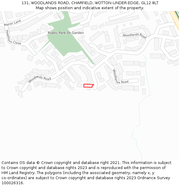 131, WOODLANDS ROAD, CHARFIELD, WOTTON-UNDER-EDGE, GL12 8LT: Location map and indicative extent of plot