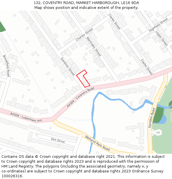 132, COVENTRY ROAD, MARKET HARBOROUGH, LE16 9DA: Location map and indicative extent of plot