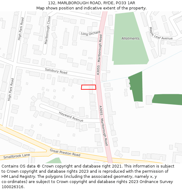 132, MARLBOROUGH ROAD, RYDE, PO33 1AR: Location map and indicative extent of plot