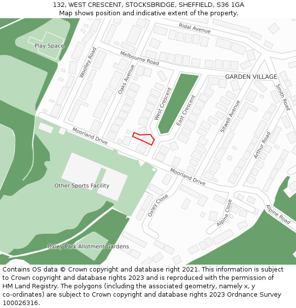 132, WEST CRESCENT, STOCKSBRIDGE, SHEFFIELD, S36 1GA: Location map and indicative extent of plot