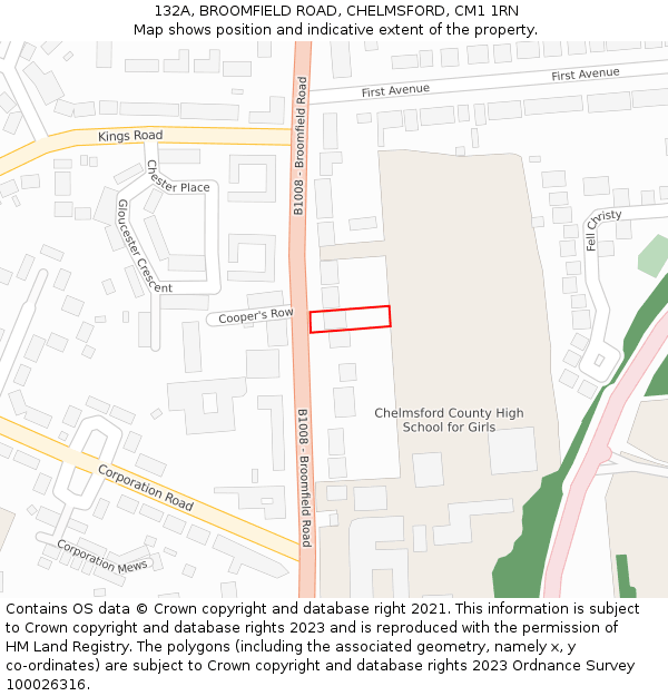132A, BROOMFIELD ROAD, CHELMSFORD, CM1 1RN: Location map and indicative extent of plot