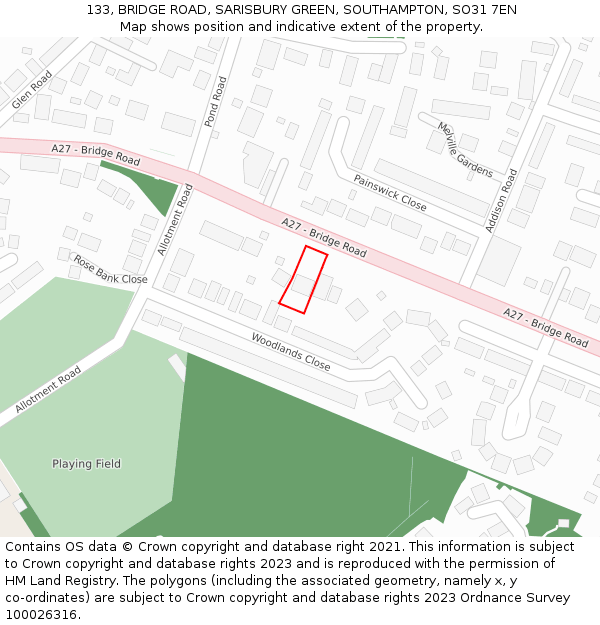 133, BRIDGE ROAD, SARISBURY GREEN, SOUTHAMPTON, SO31 7EN: Location map and indicative extent of plot