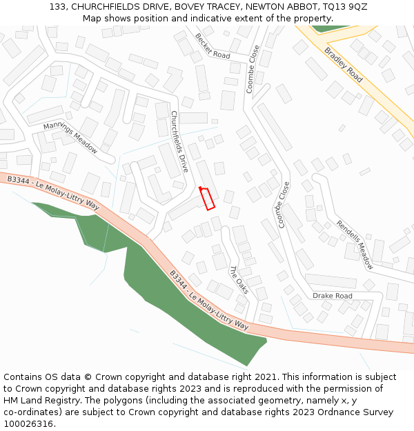 133, CHURCHFIELDS DRIVE, BOVEY TRACEY, NEWTON ABBOT, TQ13 9QZ: Location map and indicative extent of plot