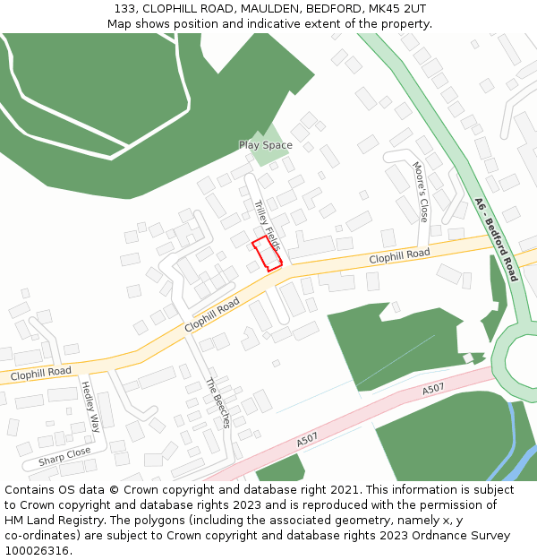 133, CLOPHILL ROAD, MAULDEN, BEDFORD, MK45 2UT: Location map and indicative extent of plot