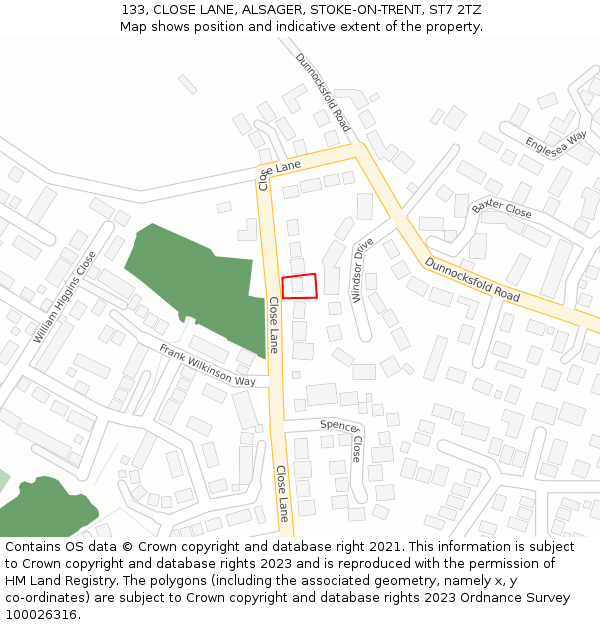 133, CLOSE LANE, ALSAGER, STOKE-ON-TRENT, ST7 2TZ: Location map and indicative extent of plot