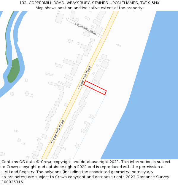 133, COPPERMILL ROAD, WRAYSBURY, STAINES-UPON-THAMES, TW19 5NX: Location map and indicative extent of plot