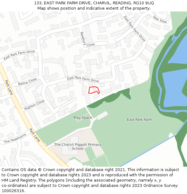 133, EAST PARK FARM DRIVE, CHARVIL, READING, RG10 9UQ: Location map and indicative extent of plot