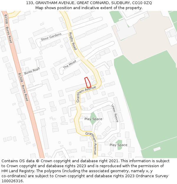 133, GRANTHAM AVENUE, GREAT CORNARD, SUDBURY, CO10 0ZQ: Location map and indicative extent of plot