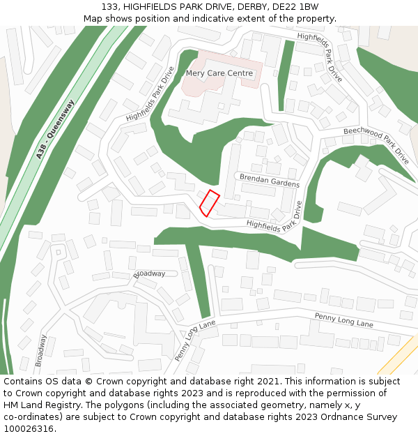 133, HIGHFIELDS PARK DRIVE, DERBY, DE22 1BW: Location map and indicative extent of plot