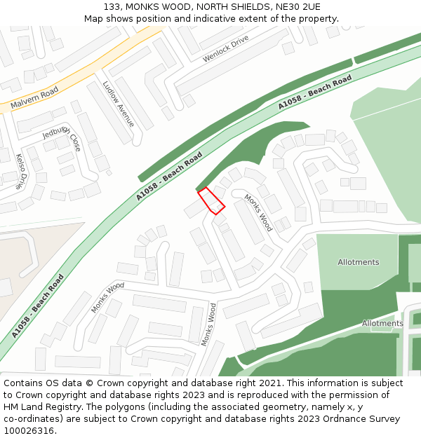 133, MONKS WOOD, NORTH SHIELDS, NE30 2UE: Location map and indicative extent of plot