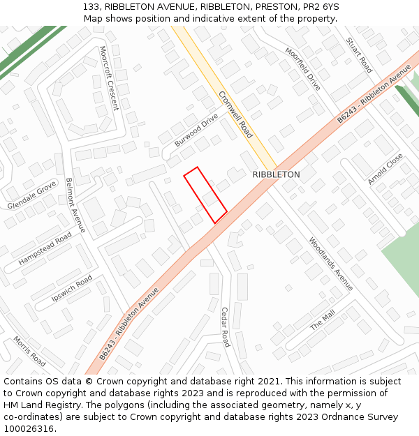 133, RIBBLETON AVENUE, RIBBLETON, PRESTON, PR2 6YS: Location map and indicative extent of plot