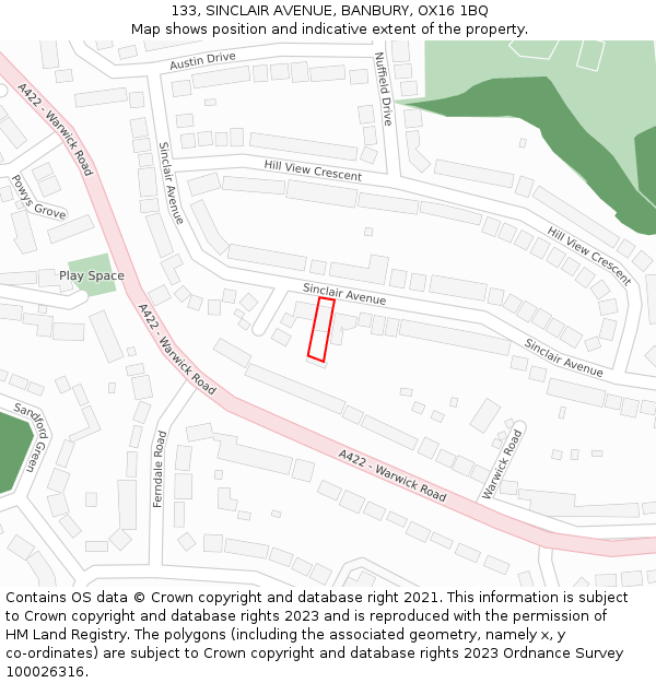 133, SINCLAIR AVENUE, BANBURY, OX16 1BQ: Location map and indicative extent of plot