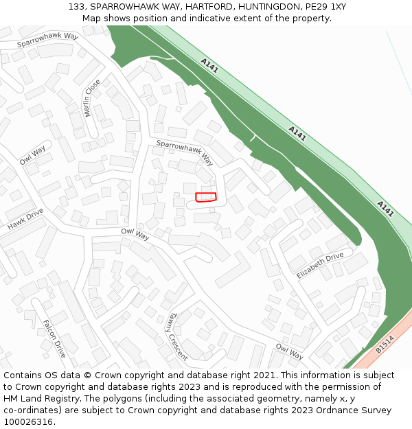 133, SPARROWHAWK WAY, HARTFORD, HUNTINGDON, PE29 1XY: Location map and indicative extent of plot