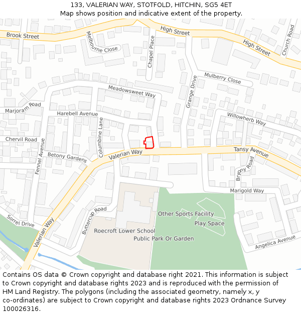 133, VALERIAN WAY, STOTFOLD, HITCHIN, SG5 4ET: Location map and indicative extent of plot