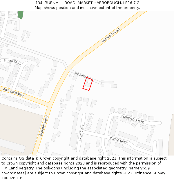 134, BURNMILL ROAD, MARKET HARBOROUGH, LE16 7JG: Location map and indicative extent of plot