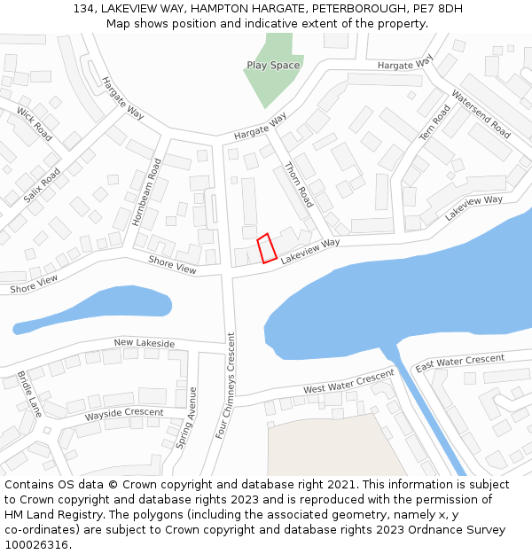 134, LAKEVIEW WAY, HAMPTON HARGATE, PETERBOROUGH, PE7 8DH: Location map and indicative extent of plot