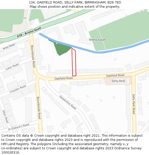 134, OAKFIELD ROAD, SELLY PARK, BIRMINGHAM, B29 7ED: Location map and indicative extent of plot
